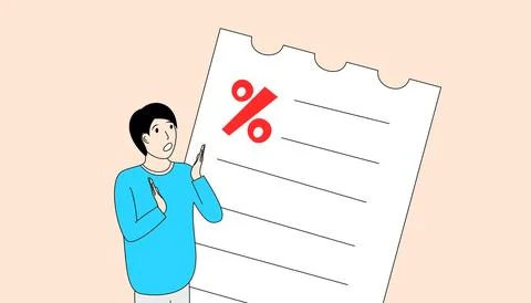 Man is standing in front of a piece of paper with a red discount through it Stock Illustration