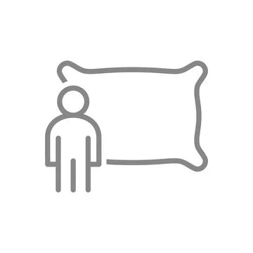 A man standing in front of a pillow line icon. Comfortable fluffy pillow symbol Stock Illustration