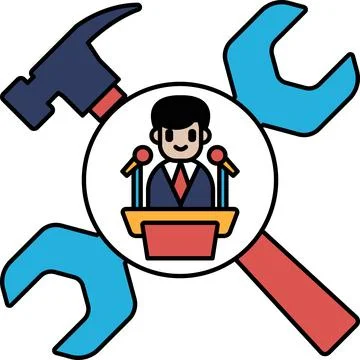 A man is standing in front of a podium with a hammer Stock Illustration