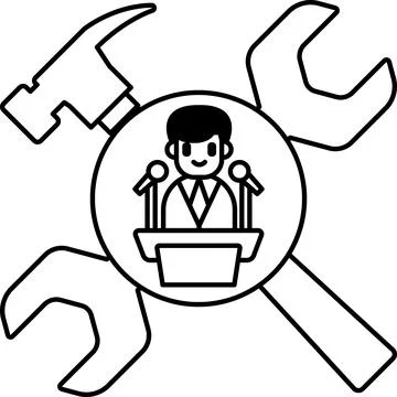 A man is standing in front of a podium with a hammer Stock Illustration