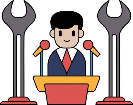 A man is standing in front of a podium with two microphones Stock Illustration