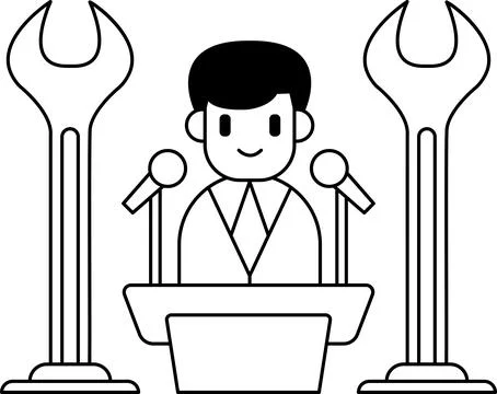 A man is standing in front of a podium with two microphones Stock Illustration