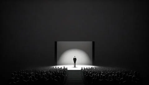 A man standing in front of a stage with a spotlight on it's wall cinematic .. Stock Illustration