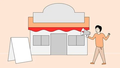 Man is standing in front of a store with a megaphone in his hand Stock Illustration