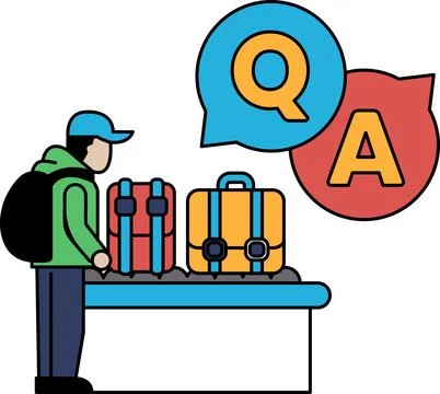 A man is standing in front of a table with a suitcase and a backpack Illustrazione stock