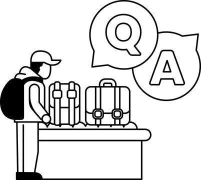 A man is standing in front of a table with a suitcase and a backpack Stock Illustration