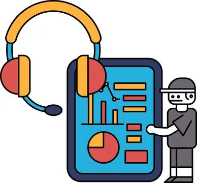 A man is standing in front of a tablet with a robot on it Stock Illustration