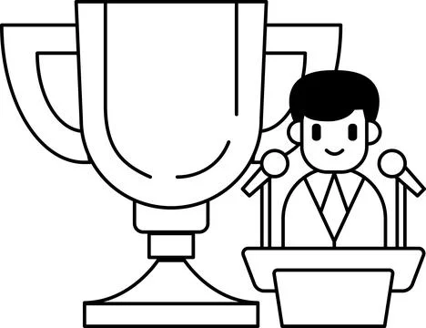 A man is standing in front of a trophy and microphone Stock Illustration