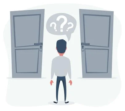 Man standing in front of two doors, unable to make the right decision concept Stock Illustration