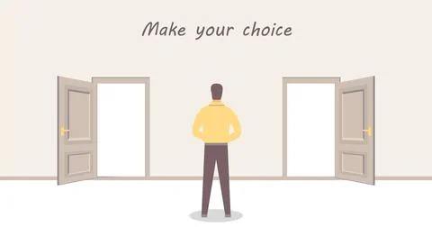A man is standing in front of two doors and having a choice Stock Illustration