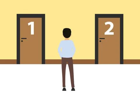 A man is standing in front of two doors and having a choice. Illustrazione stock