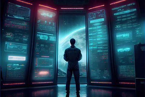 A Man Standing In Front Of A Wall Of Computer Screens In A Futuristic Setting Stock Illustration