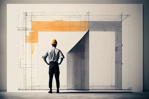 A man standing in front of a wall with a helmet on his head and a building .. Ilustración de archivo