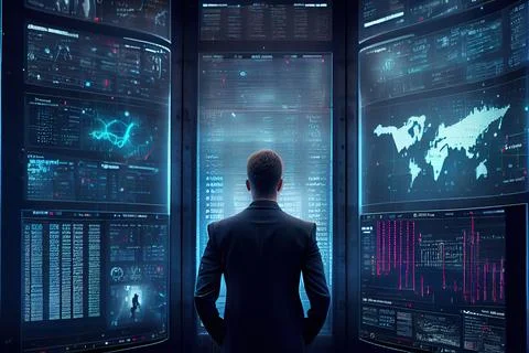 A Man Standing In Front Of A Wall Of Monitors With Data On Them In A Dark Room 스톡 일러스트