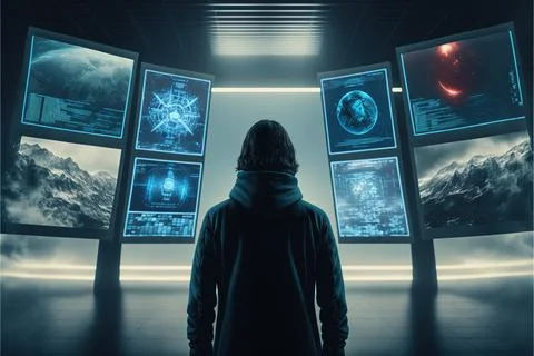 A Man Standing In Front Of A Wall Of Monitors With Multiple Screens On It's 스톡 일러스트