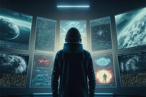 A Man Standing In Front Of A Wall Of Monitors With Images Of Planets On Them And Stockillustratie