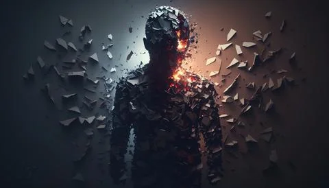 A man standing in front of a wall with shattered pieces of paper on it and .. Ilustración de archivo