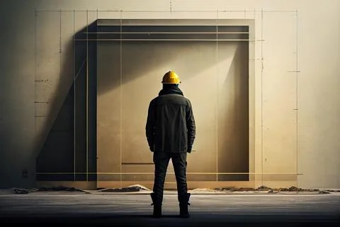 A man standing in front of a wall with a yellow helmet on his head and a ye.. Ilustración de archivo