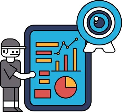A man is standing in front of a white board with a camera in the background Stock Illustration