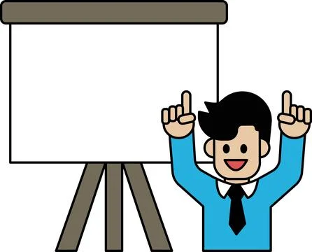 A man is standing in front of a white board with his hands up in the air Stock Illustration