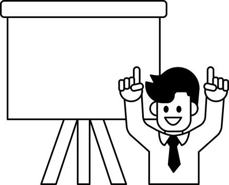 A man is standing in front of a white board with his hands up in the air Stock Illustration