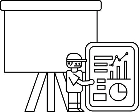 A man is standing in front of a white board with a presentation on it Stock Illustration