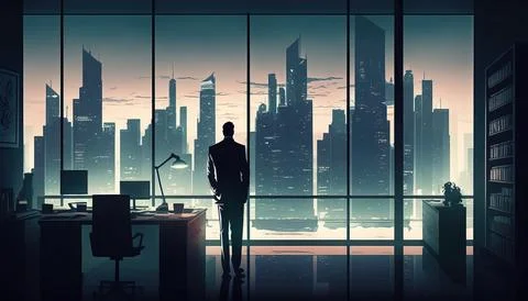 A man standing in front of a window looking out at a city skyline at night .. 스톡 일러스트