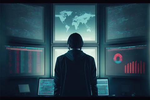 A Man Standing In Front Of A Window With Multiple Monitors On It And A World Map Stock Illustration