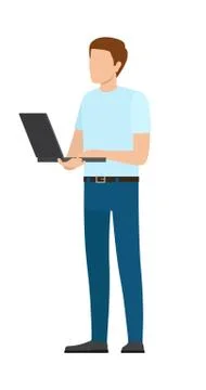 Man Standing Full Length Working on Laptop Vector Illustrazione stock