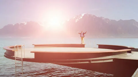 Man standing on futuristic bridge platform at sunset light Stock-Footage 38175086
