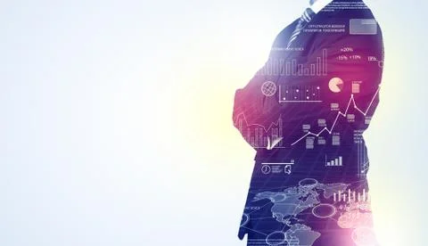 Man standing with graphs on the background Stock Photos