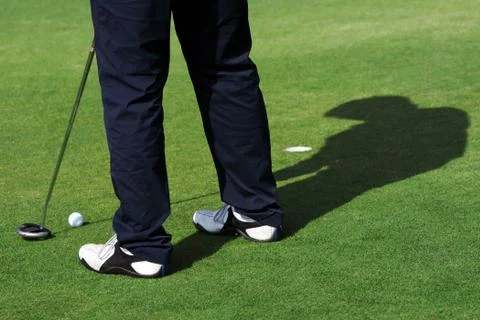 A man is standing on the green of a golf course. He is putting the ball into the Stock Photos