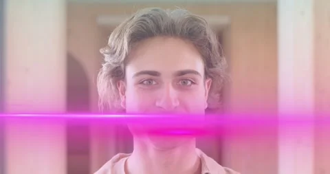 Man standing hall in tech demo, focusing initiating pink light gliding across Stock Footage 319340319