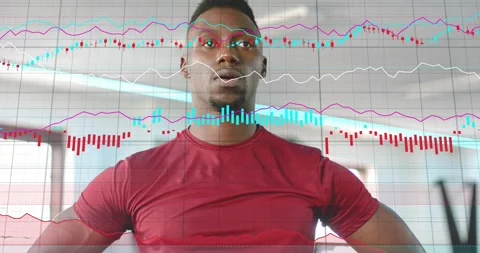 Man standing hands on hips post-set, data overlays scaling across torso and Video stock 333130762