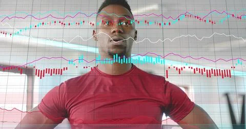 Man standing hands on hips post-set, data overlays scaling across torso and Stock Photos