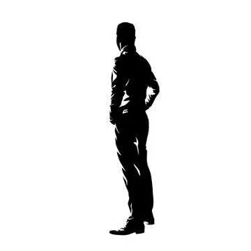 Man standing with hands on hips, side view. Profile ink drawing. Isolated vec Stock Illustration