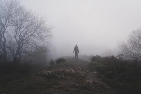 A man standing on a hill, back to camera. with fog covering a hillside Stock Photos