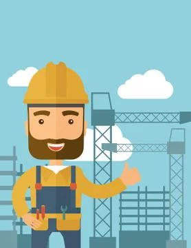 Man standing infront of construction crane tower Illustrazione stock