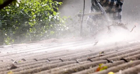 Man standing on ladder and washing dirt and moss from corrugated roofing sh.. Video stock 344873653