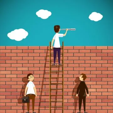 Man standing on a ladder. Brick wall. Stock Vector cartoon illus Stock-Illustration