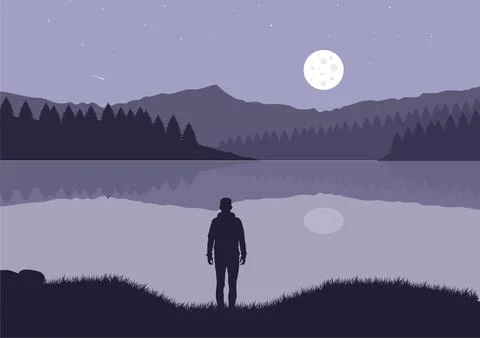 A man standing by the lake at night vector Illustrazione stock