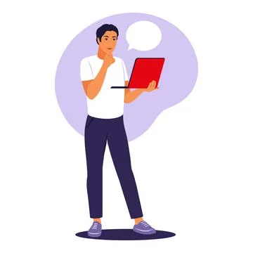 Man standing with laptop. Office worker, remote job concept. Vector illustrat Stock Illustration