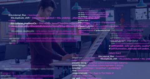 Man standing at laptop typing, causing code overlay drifting and covering Stock Footage 330195035