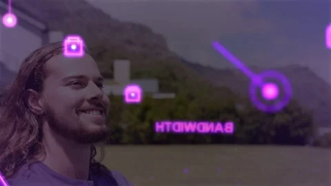 Man standing left turning head while purple UI entering frame passing behind him Stock Footage 333936717