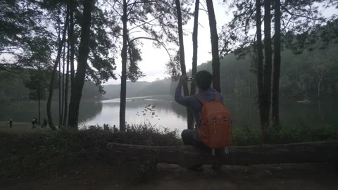A man is standing on a log by a lake with an orange backpack on Stock Footage 314637489