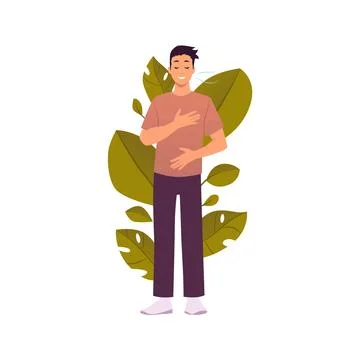 Man standing makes calm breathing exercise on floral backdrop, holding chest and 스톡 일러스트