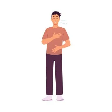 Man standing makes calm breathing exercise, breathe out and in holding chest and 스톡 일러스트
