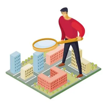 Man standing on the map and looking for something with a magnifier, vector 스톡 일러스트