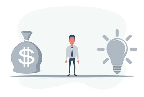 Man Standing in the middle between Idea Lightbulb and money bag. Idea or money Stock Illustration