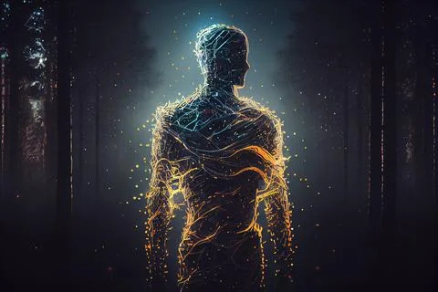 A man standing in the middle of a forest with a glowing body and arms in th.. 스톡 일러스트